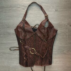 BROWN PATTERNED CORSET WITH FAUX LEATHER FITS SIZE SMALL/MEDIUM